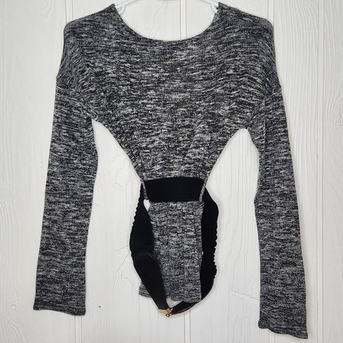 Papaya Women's M Gray Marled Deep V Neck Stretchy Belted Long Sleeve Wrap Top - Picture 3 of 9