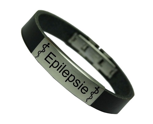 SOS NOTFALL LEDERARMBAND EPILEPSIE EPILEPTIKER DAMEN HERREN SCHWARZ ERSTE HILFE  - Bild 1 von 18