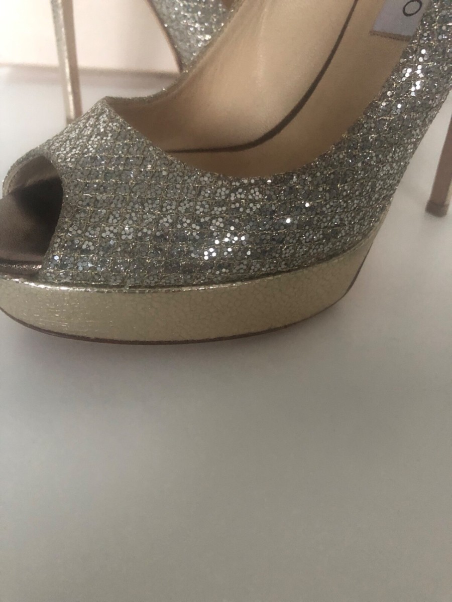 $895.00 Jimmy Choo 247 Crown Glitter Champagne Platform 37.5