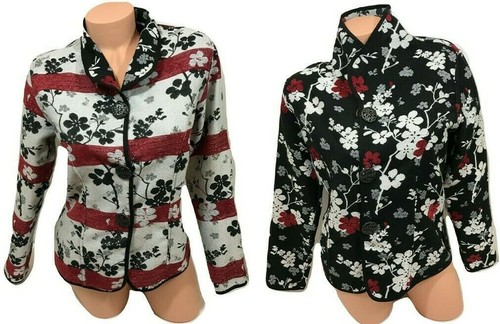 L Reversible Blazer Jacket Black White Red Gray Floral - Picture 9 of 12