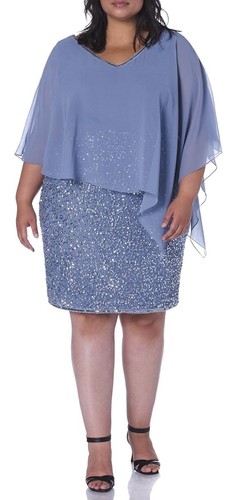 J Kara Dress Caplet V-Neck Short Cocktail Beaded Dress Size 16W Dusty Blue