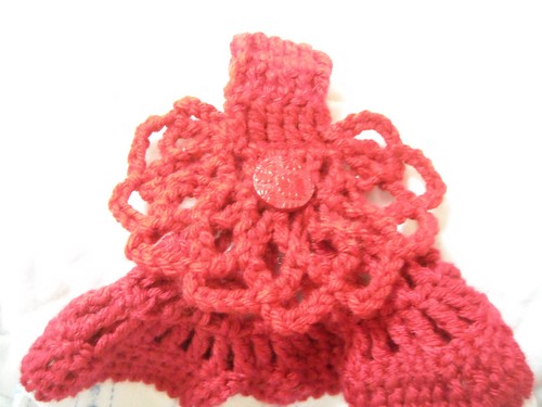 *CROCHETED CORAL TOP HANDMADE TERRYCLOTH KITCHEN TOWEL W/BE HAPPY DESIGN - Picture 3 of 3