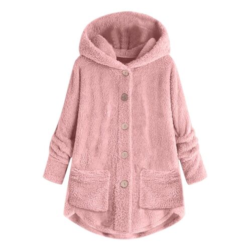 Women Plus Size Button Up Plush Fleece Hooded Loose Cardigan Coat Winter Jacket - Picture 2 of 34