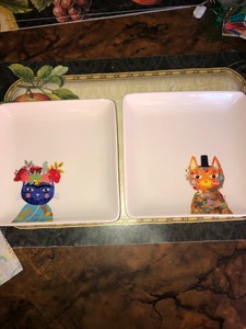 Rare-Two-MAGENTA-Cat-Feline-Floral-Flowers-7-034-Square-Side-Plates-RR