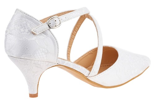 DAMEN SPITZE NIEDRIGER ABSATZ SPITZ ZULAUFEND RIEMCHEN KREUZRIEMEN BRAUT HOCHZEIT PUMPS SCHUHE  - Bild 3 von 7