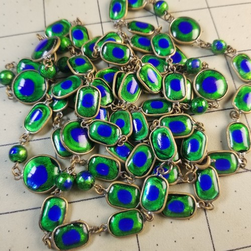 Antique RARE 54" Long Bezel Set Peacock Eye Foil Glass Art Nouveau Necklace - Picture 8 of 21
