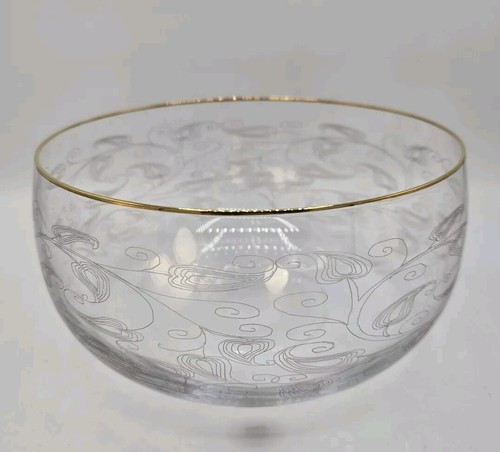 Vintage Böhmisch Gold Vergoldet Geätzt Glas Schale Set 2 Ranken Tschechien Mittel & Klein