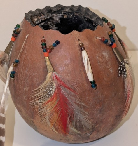 Native American Gourd Pot Hand Carved Vessel Feathers Beads Gourd Bowl Art - Picture 3 of 12