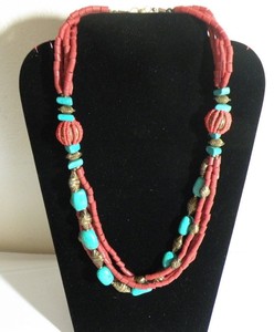 LONG-CORAL-amp-TURQUOISE-NECKLACE-TRIBAL-BELLY-DANCE-BOHO-BEACH-GYPSY-26-034