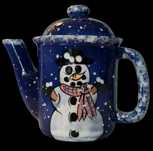 Rare Cobalt Blue Snowman Coffee Pot Hand Painted Carol Daniels 24oz Signed EUC - Picture 3 of 11