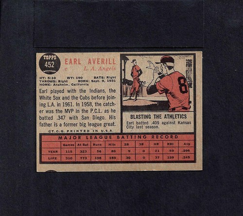 1962 TOPPS #452 EARL AVERILL--ANGELS--NO CREASES--EX++ - Picture 2 of 2