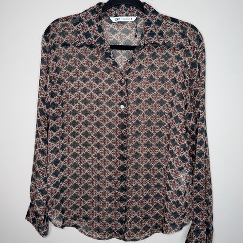 Zara Damenbluse Größe M grün hellbraun transparent Knopfleiste Langarm - Bild 1 von 7