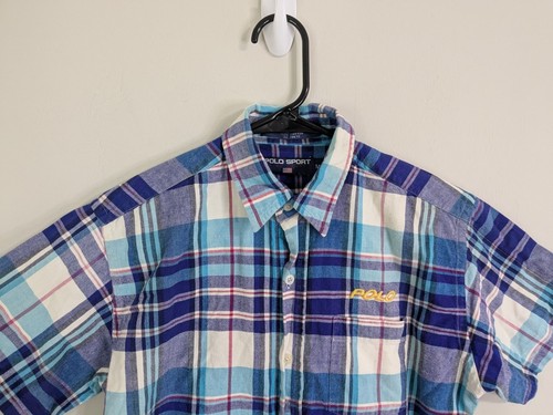 Ralph Lauren Shirt Boys Medium Blue Button Up Short Sleeve Plaid Casual Preppy - Picture 2 of 8