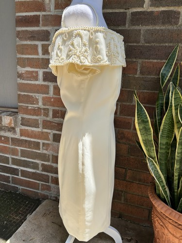 Vintage Lord & Taylor Gr. 8 Elfenbein Schulterfrei Perlen Kleid Elegant Hochzeit Besonder - Bild 10 von 18
