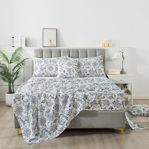Paisley Sheets Set Twin XL Luxury Navy Paisley Bedding Shabby Beige Floral - Picture 2 of 7