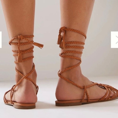 Anthropologie Women's 37 US 6.5-7 Flat Camel Tan Braided Tie Gladiator Sandals - Picture 11 of 14