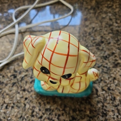 Vintage 50s Sweet Yellow Gingham Puppy Dog Ceramic Table Baby Child Night Light - Picture 10 of 13
