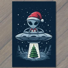 Art Print Alien Santa UFO Beaming Christmas Tree Funny Sci Fi Holiday Night Sky