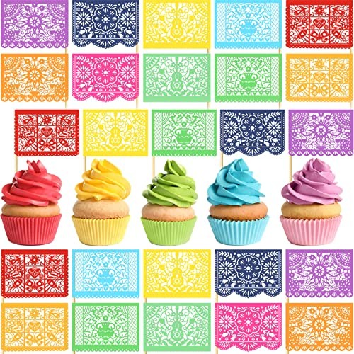60 Pcs Mini Mexican Papel Picado Banner Cake Topper Mexican Fiesta Colorful - Bild 2 von 8