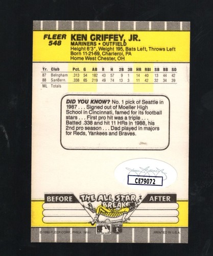 1989 Signed JSA Authenticated Ken Griffey Jr. Rookie Seattle Mariners #546 - Picture 2 of 3