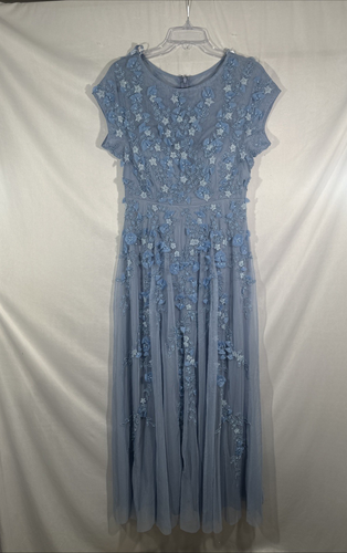 NUEVO Vestido Mac Duggal [8] 14521 Floral Adornado Manga Corta Malla Azul #S1858 - Imagen 1 de 11