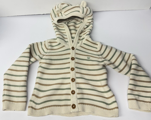 FATFACE Baby Boys Or Girls Age 4-5 Hooded Cardigan Beige With Brown Green Strips