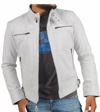 Men's White Leather Biker Jacket Pure Lambskin Motorcycle Jacket Quilted Panels