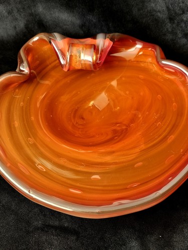Murano Bullicante Art Glass Bowl Orange Red Swirl 8" Vintage Italy UV Glow - Picture 8 of 12