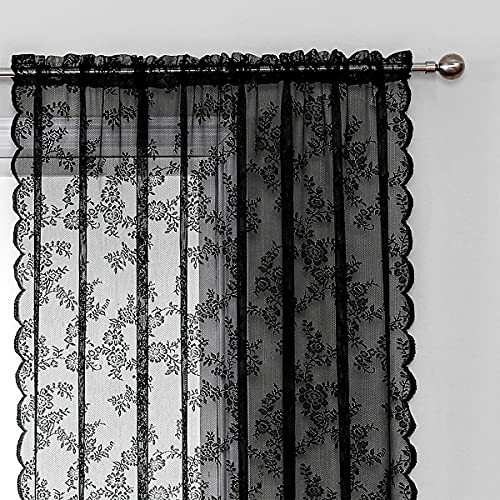 Black Lace Curtains for Bedroom Living Room 55 x 84-inch Long Vintage Floral - Picture 4 of 7