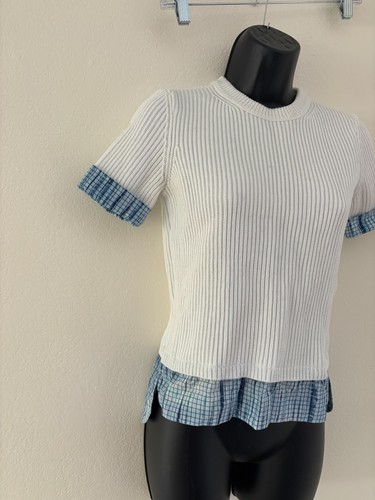 Tory Burch Ribbed Sweater Womens Size XS White Cuffed Short Sleeves & Hem - Picture 2 of 11