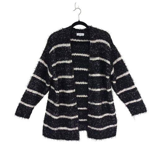 Calvin Klein Cardigan Womens Black & White Fuzzy Striped Open-Front  Sweater - Picture 1 of 9
