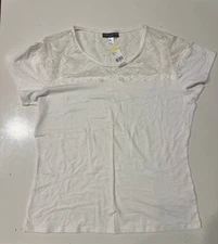 Simply Styled Women Lace Yoke Tee Short Sleeves Cloud Dancer Size XL