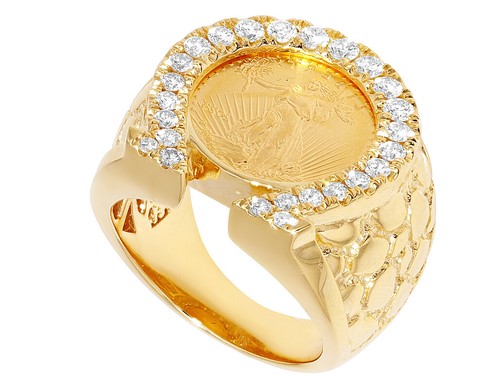 22K Echt Gold Liberty Münze Hufeisen 1 1/10 Karat echter Diamant Ring 21 mm 10 K Yel... - Bild 3 von 6