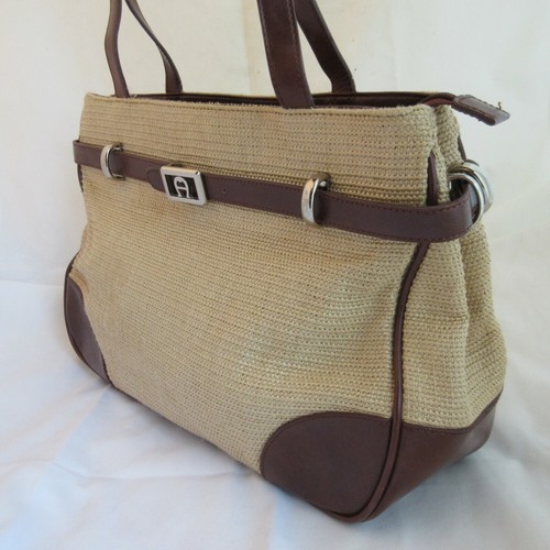 Vintage Etienne Aigner Tan Basket Weave & Faux Leather Shoulder Bag Tote Purse - Picture 3 of 12