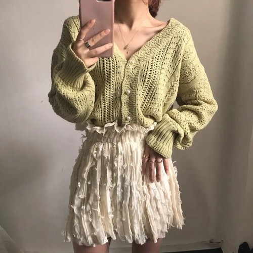 Women Hollow Out Sweater and Cardigans Low V-Neck Knit Tops Long Sleeve - Picture 10 of 19