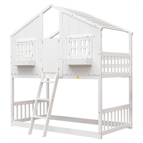 Twin over Twin House Bunk Bed with Roof Safety Guardrails &Ladder for Kids White - Picture 11 of 21