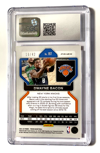 2021-22 Panini Prizm 197 Dwayne Bacon Pink Pulsar Knicks CGC 9 como nuevo SP 16/42 - Imagen 3 de 3
