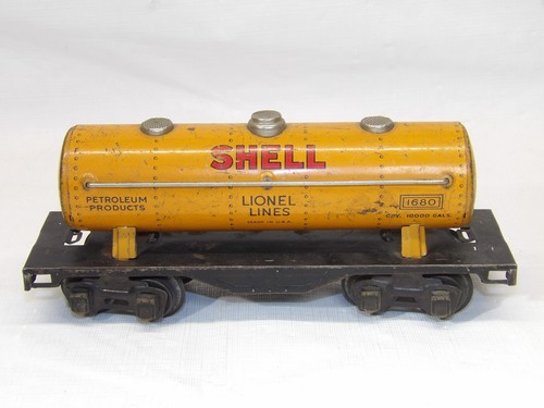 Pre war Lionel O gauge tin No. 1680 "Shell" Tank Car - missing couplers - Picture 2 of 6