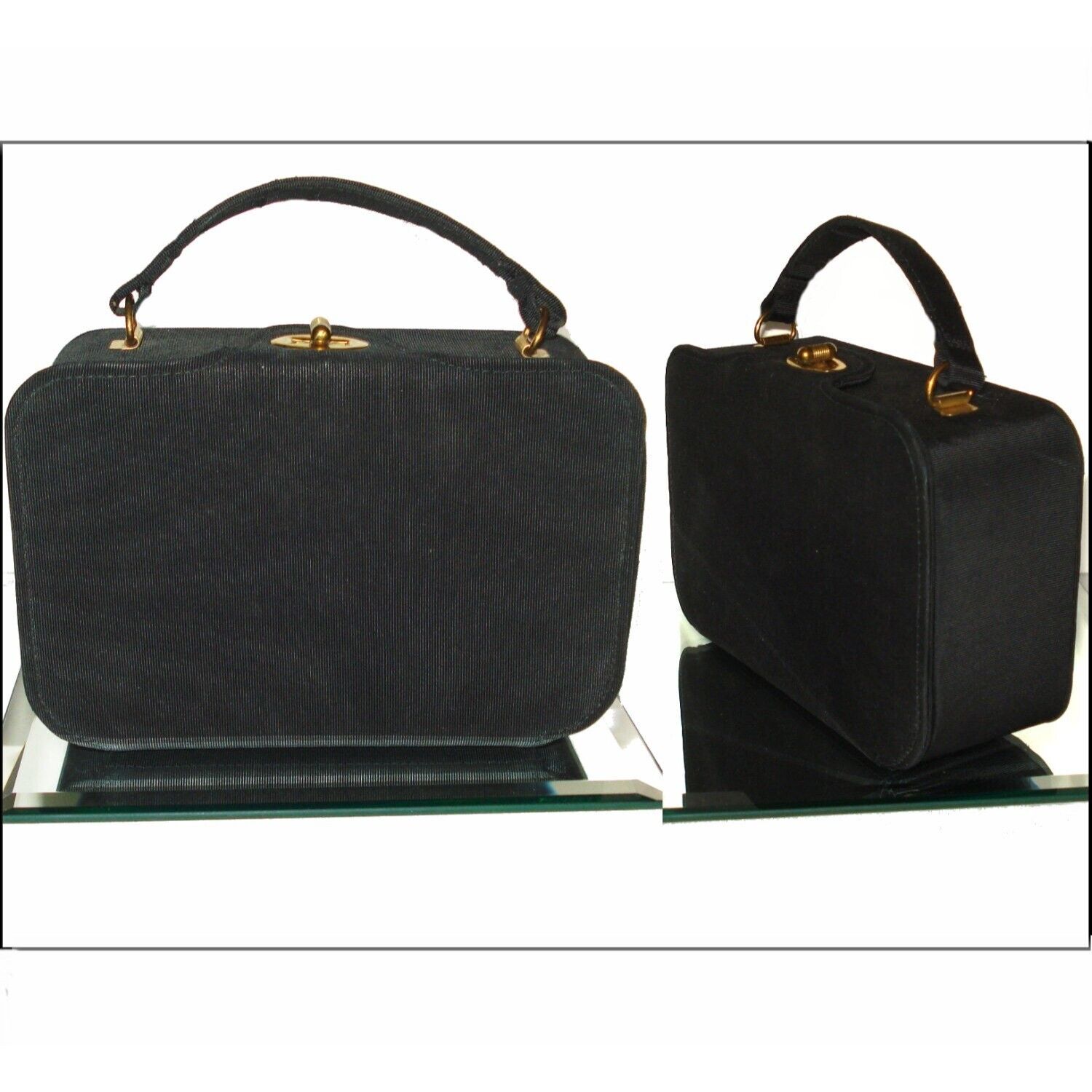 Vintage 1950s Purse Black Faille Handbag with Mir… - image 3