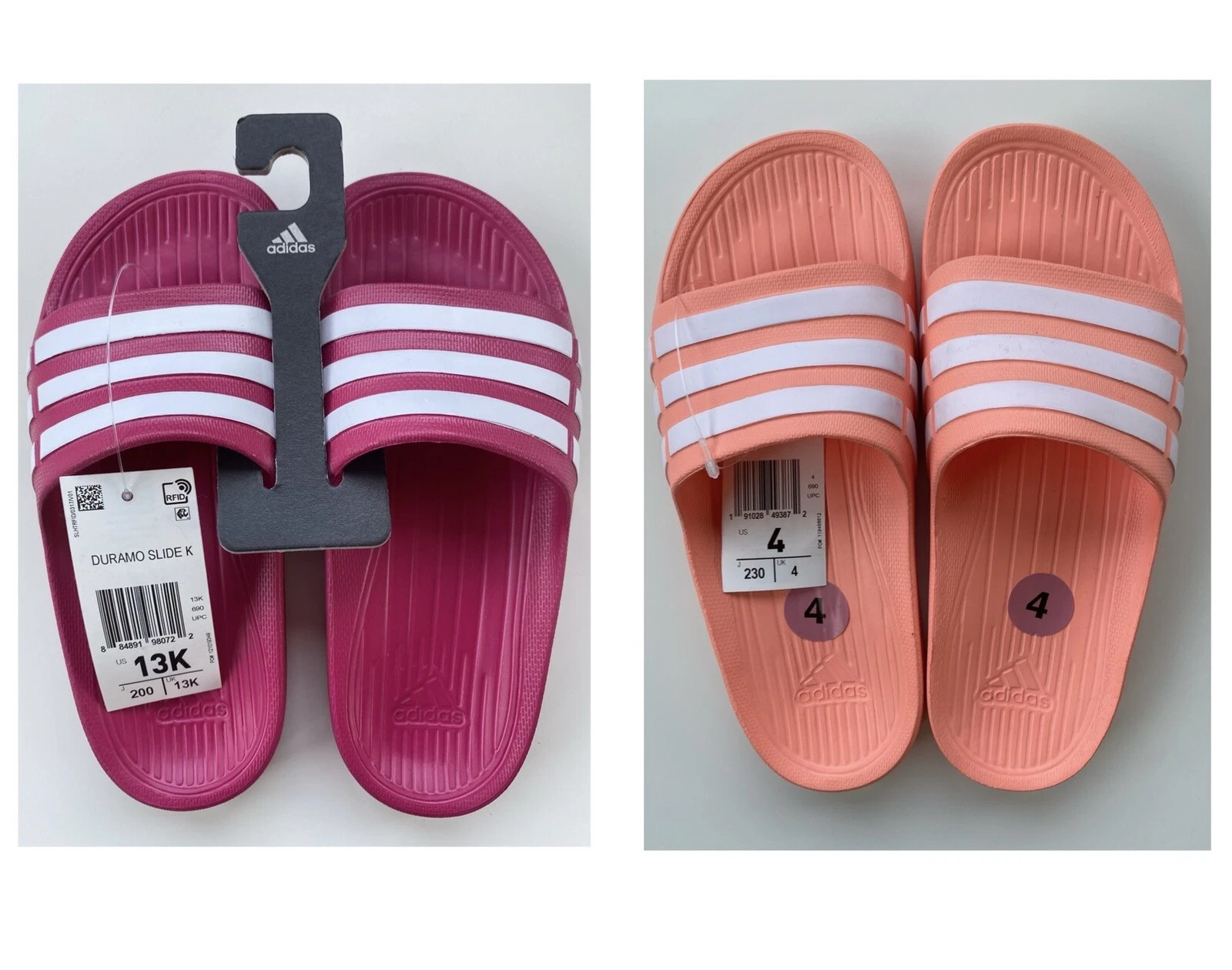 Sandali Adidas Duramo Slide K bambini rosa pesca slides ragazze 13K 4 nuovi a righe nuoto