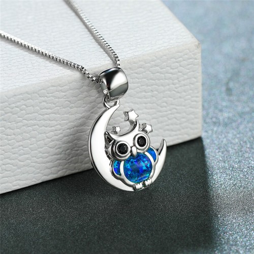 Dainty Female Round Trendy Owl Blue Artificial Cute Silver Moon Necklace - Foto 3 di 5