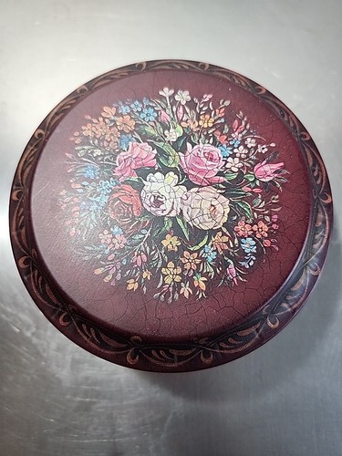 Vtg Hand Painted Maroon Tin w/ Floral Design Decorative Decor 5” Round Catchall◇ - Picture 4 of 10