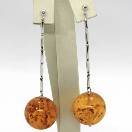 Pendientes Oro Blanco ,18K, Colgantes, Con Esfera Grande De Ámbar 18MM, 6.9 CM - Imagen 4 de 10