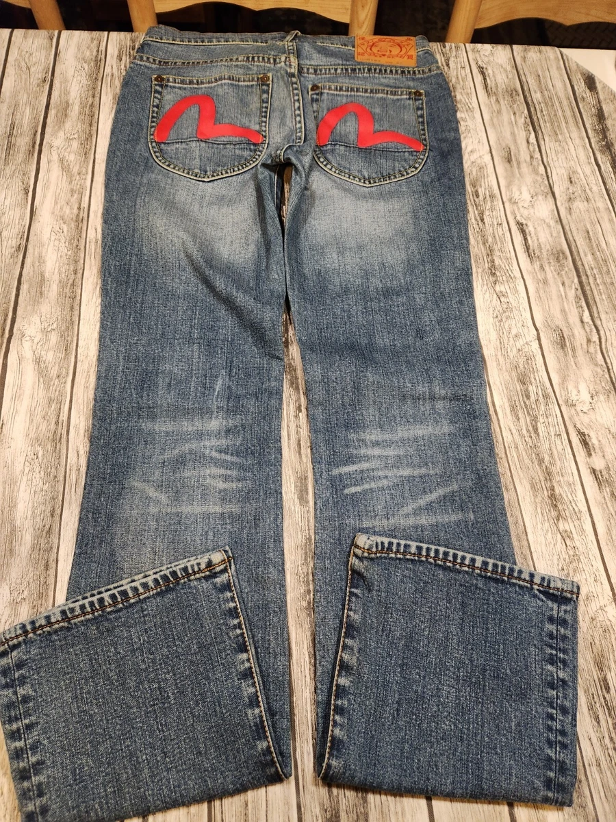 EVISU Womens Jeans 28 x 32 Vintage Y2K Graphic Logo SELVEDGE Denim Medium  Wash