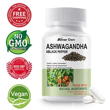Organic Ashwagandha Capsules 1300mg Supplement w/ Black Pepper Root Powder--