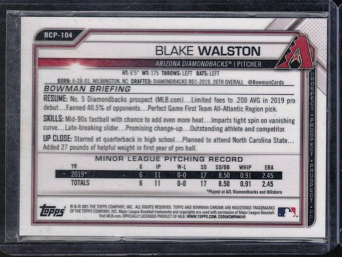 Blake Walston #'d/50 - 2021 Bowman Chrome Prospects Gold Refractor - Picture 2 of 2