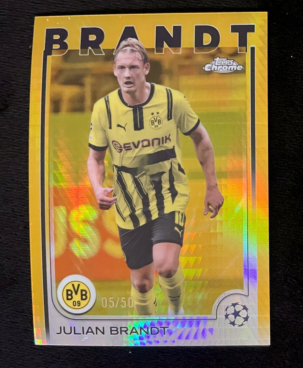 Julian Brandt 2024-25 Topps Chrome UEFA CL Gold Prism Refractor SSP Card 05/50