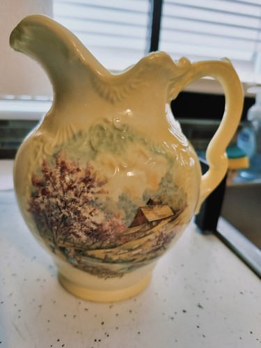 Ansley Vintage Water Pitcher Light Yellow w/ Farm Scene Purple Trees Barn Rare - Picture 9 of 12