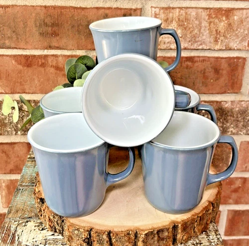 Vintage Pyrex Corning Milk Glass Coffee Mugs Slate Blue Gray Set/6 Cups 8oz.