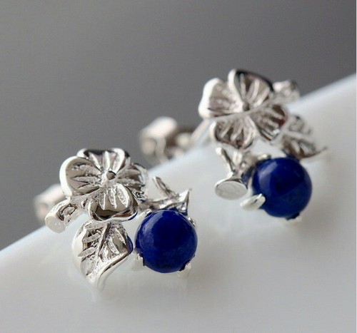 D10 Ohrringe Ohrstecker Lapislazuli blau Blätter Frucht 925 Sterlingsilber - Bild 2 von 4